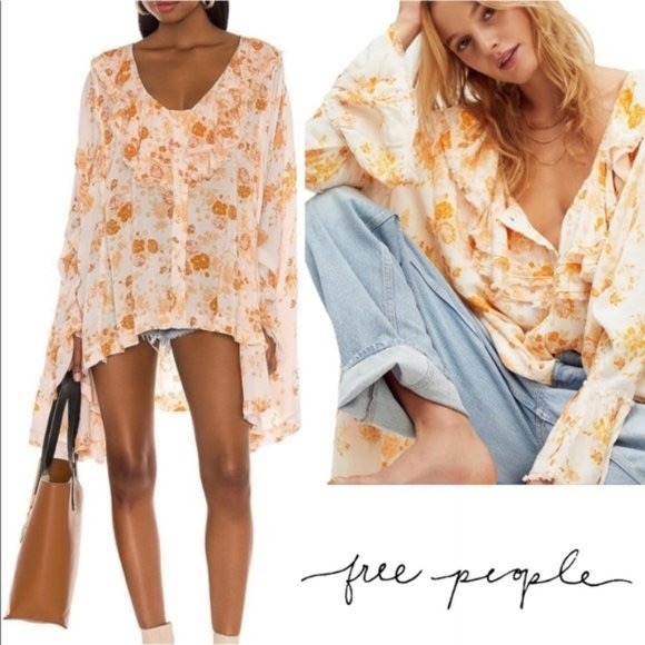 Free People Loretta Tunic Top Oversized Ruffle Tea Combo Floral Boho Chic Medium - Picture 14 of 14